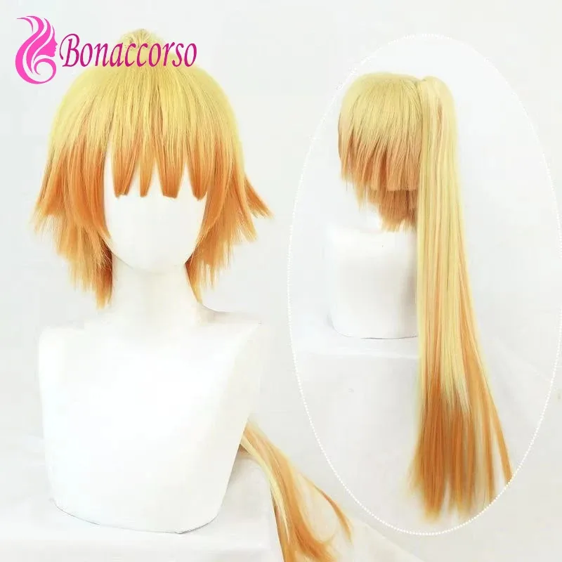 Qq28LQDemon Slayer Agatsuma Zenitsu sexo inverso Cosplay sintético largo recto Anime Coser Linda chica peluca Halloween Par