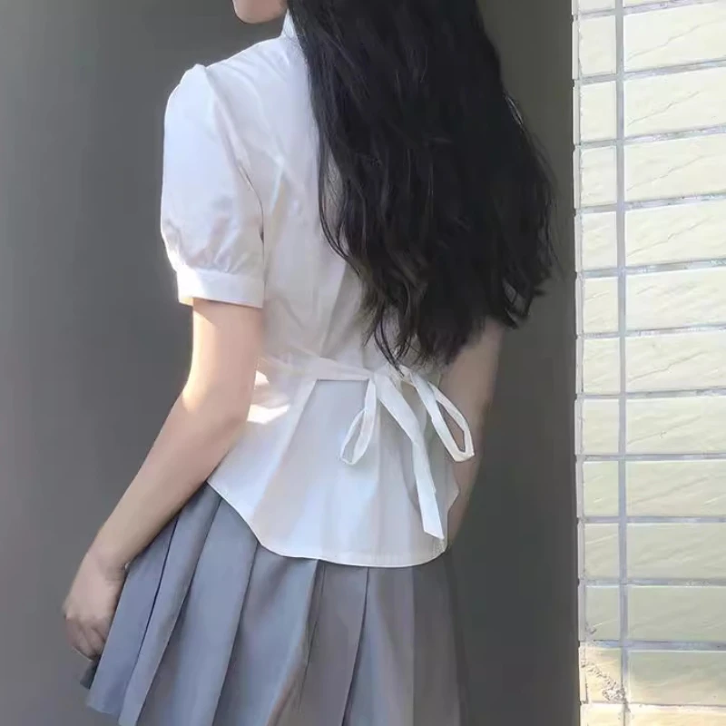 Koszula damska z krótkim rękawem z definiowaną talią bandaż w stylu Preppy słodkie pikantne dziewczyny na cały mecz koreańska moda JK topy lato — zdjęcie 3
