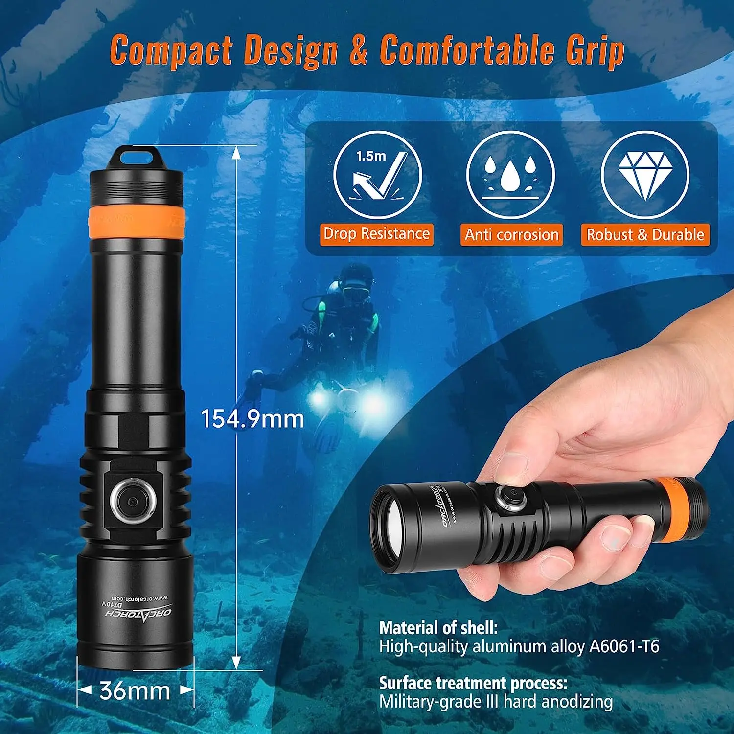 ORCATORCH D710V Luz UV de vídeo subaquática Tocha de mergulho Lanternas LED de alta potência Lanterna USB recarregável profissional 2000 Lumens Scuba Lanterna para Mergulho Fotografia Fill Light Mergulho Noturno Fluore