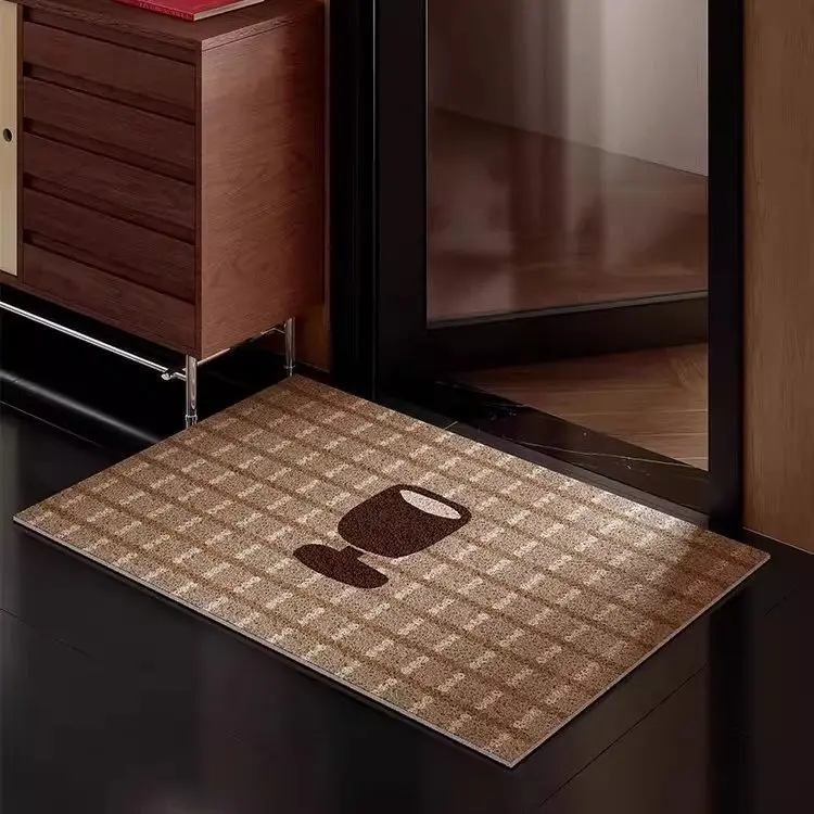 Brown Striped Coffee Cup Pattern PVC Coil Dirt Trapper Mat Anti Slip Cuttable Indoor Doormat Easy Clean Welcome Floor Rug