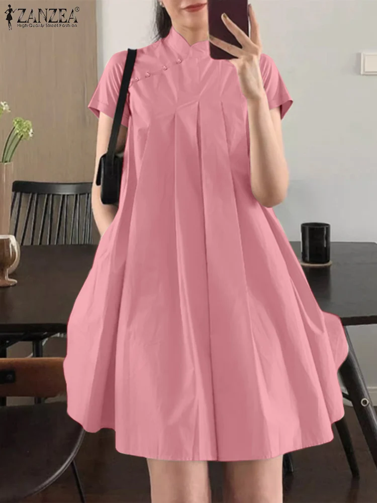 ZANZEA femmes élégant a-ligne robes de soirée 2025 été élégant robe sans manches col montant travail plissé robe d'été robes caftan
