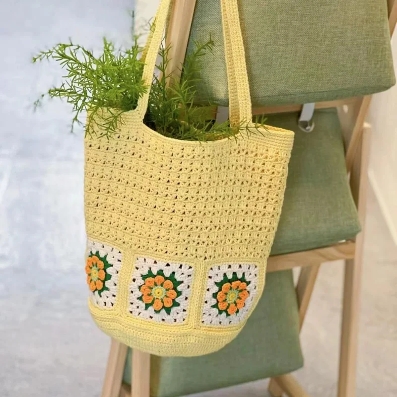 Sac à bandoulière fleur fraîche pour filles, sac à bandoulière décontracté et à la mode, sac à provisions, sac de plage tissé à la main, été