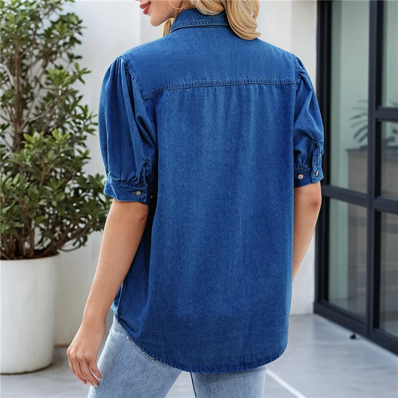 

NEW-Womens Denim Shirt Business Casual Button Down Work Blouses Puff Sleeve Summer Tops