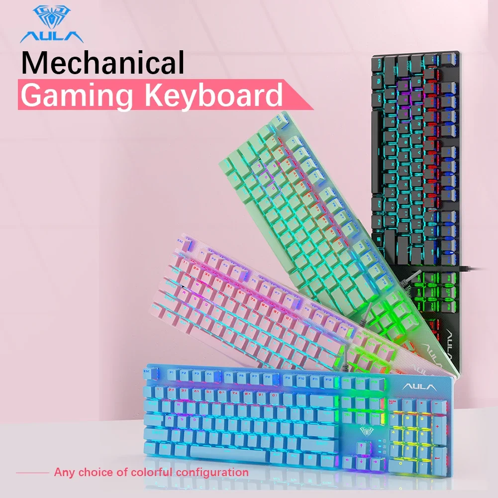 AULA لوحة مفاتيح الألعاب الميكانيكية السلكية الخلفية 104 مفاتيح الأزرق التبديل ABS أغطية المفاتيح Esports لوحة المفاتيح الميكانيكية لأجهزة الكمبيوتر المحمول #1