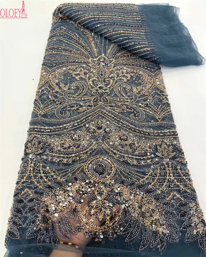OLOEYUltimo tessuto di pizzo africano con paillettes Tessuto di maglia con perline ricamate in pizzo di alta qualità 5 metri per le donne Festa di nozze Dre