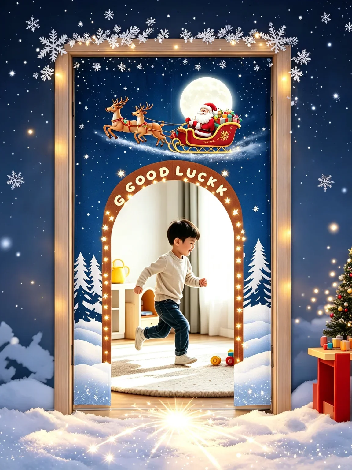 VIKAMA Santa Sleigh Moon Arched Half Door Curtain Christmas Kids Room Cotton Linen Short Curtain Privacy Partition Home Decor
