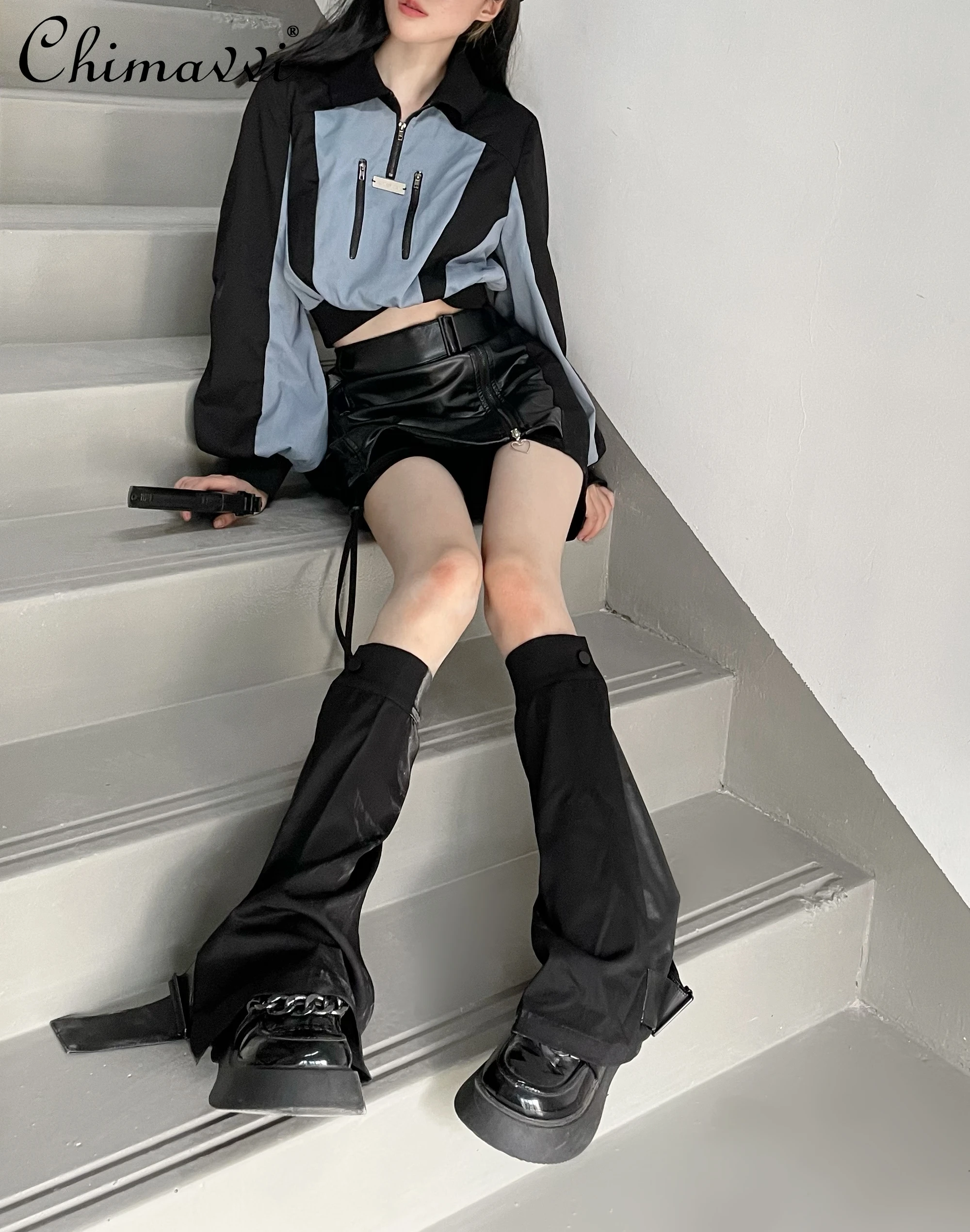 Gothic Style High Street Color Matching Jacket High Waist Slim Mini Leather Skirt Two-Piece Set Women Sweet Y2K Hot Girl Outfits