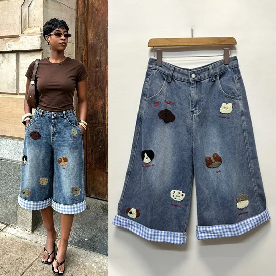 Image of Damen-Jeanshose im Vintage-Stil mit weitem Bein, hoher Taille, Y2K-Streetwear, elegant, Patchwork-Design, lässig, locker, für den Sommer