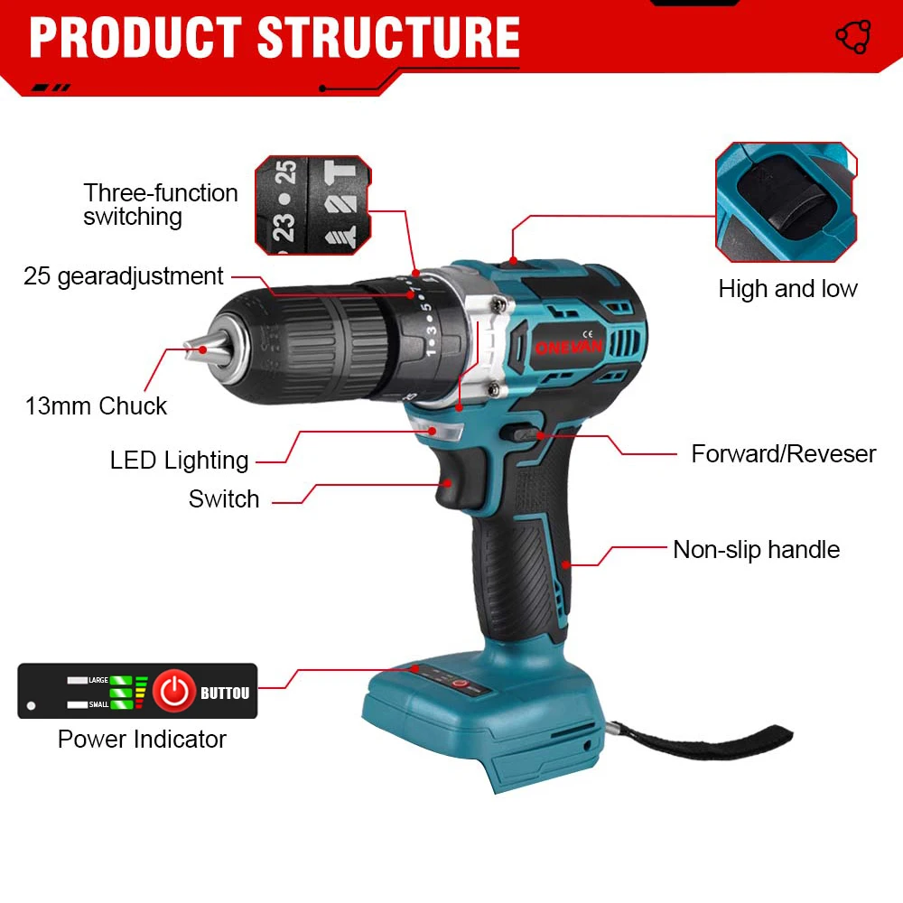 ONEVAN 25+3 Torque  Brushless Electric Hammer cordless Impact Drill Electric Screwdriver 3 in 1 13mm for Makita 18v Battery