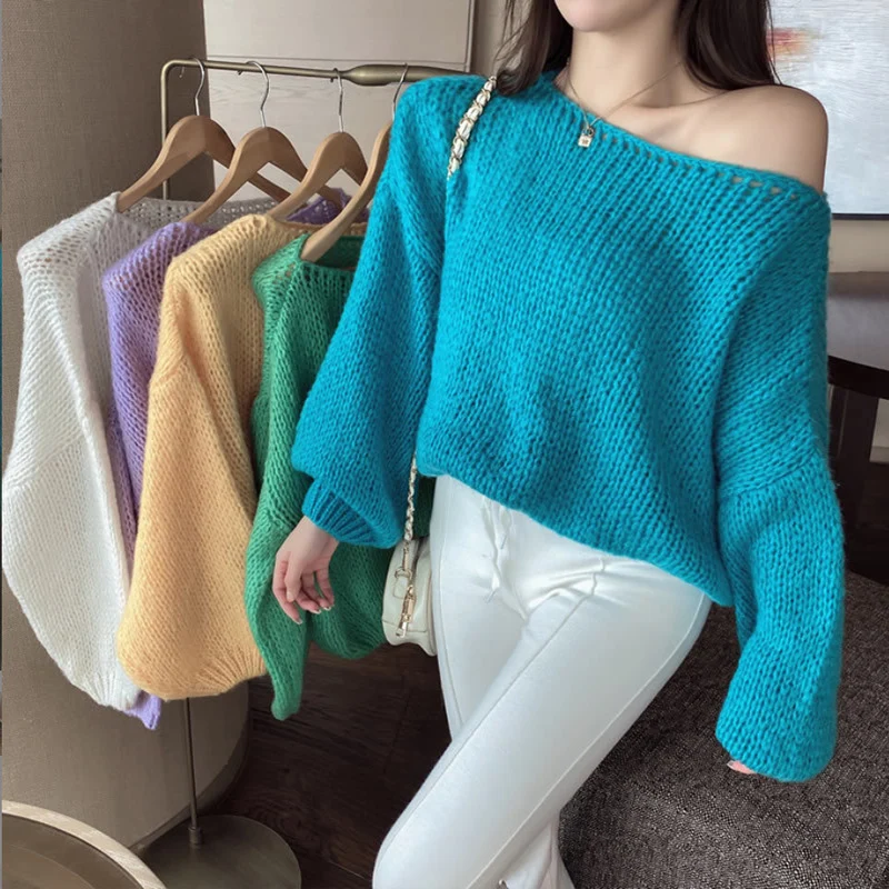

Autumn Winter Sexy Off-Shouler Pullovers Women Y2K Fashion Loose Knitted Sweaters Chic Design Casual Inner Wear Slash Neck Tops