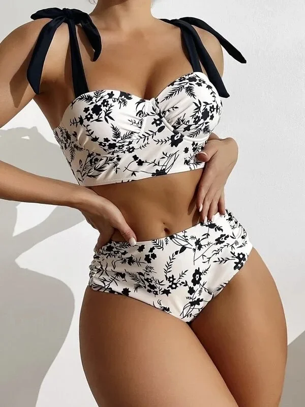 2024 High Waist Swimwear Women Bathing Suit Leaf Print 2 Pieces Set No Sleeves Swimsuit Women's Swimming Sexy Bikini Dropship