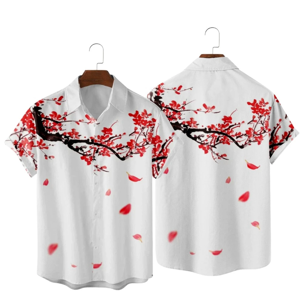 

2022 plum blossom and fallen leaves print shirt apparel, fashion casual beach retro Chinese style, men's autumn and summer shirt