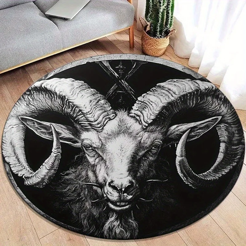 Round Area Rug Black and White Goat Head Print Soft Flannel Carpet for Living Room Bedroom Floor Decor Non Slip Washable Home