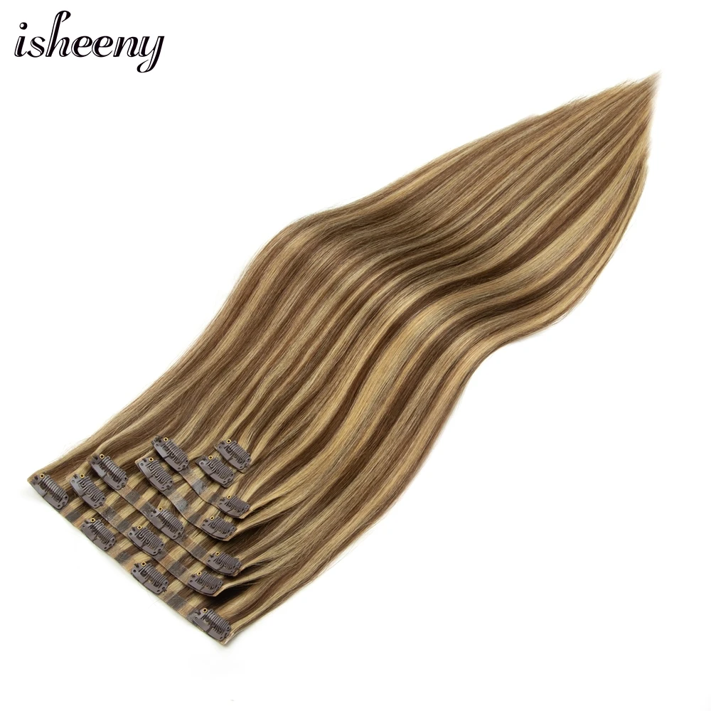 isheeny Invisible Clip in Hair Extensions Human Hair 100-120g Injected PU Skin Weft Clip On Hair 7pcs/pack Seamless Clip Ins