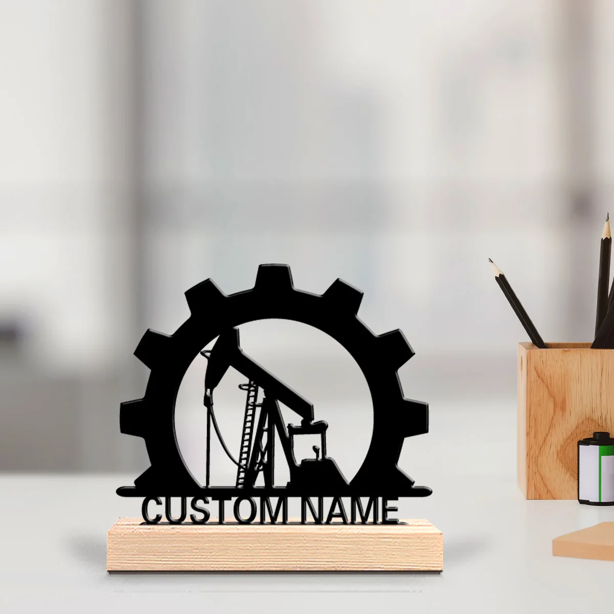 1pc Simple Oil pump Customized Text Metal Statue Iron Ornament Handicraft With Wood Base Metal Ornament Study Desktop Decoration