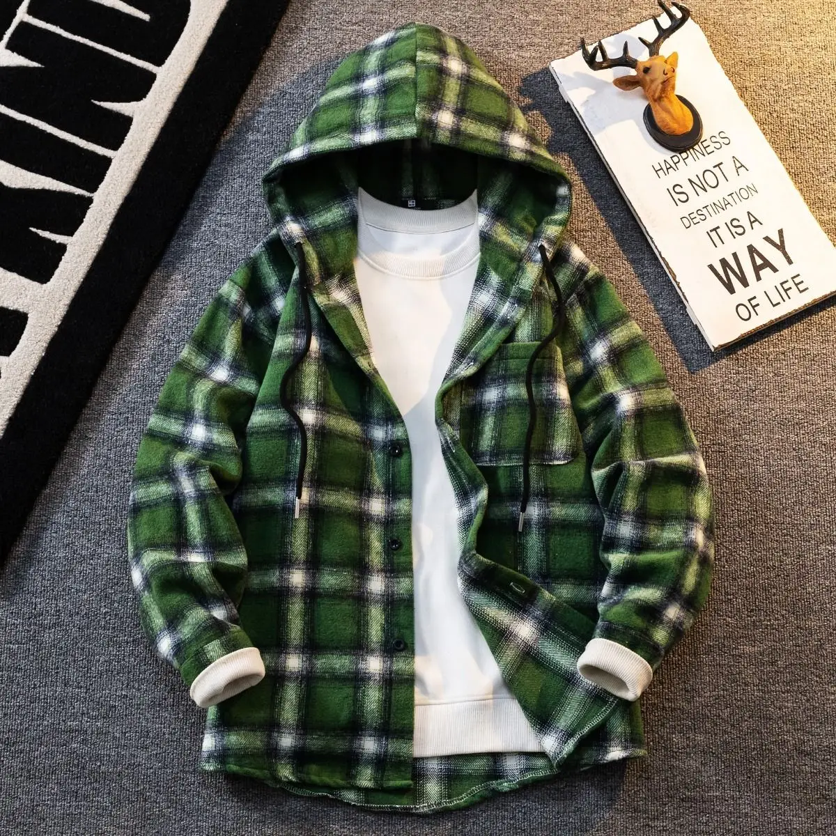 Jaket Cardigan Pria Model Longgar Berkerudung Bahan Flanel Kasual Santai untuk Musim Semi dan Gugur Gaya Jepang