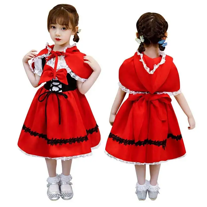 Halloween Little Red Riding Hood For Girls Cosplay Costume  Children's Carnival Mini Dress + Cloak Stage Performance Clothing Fo