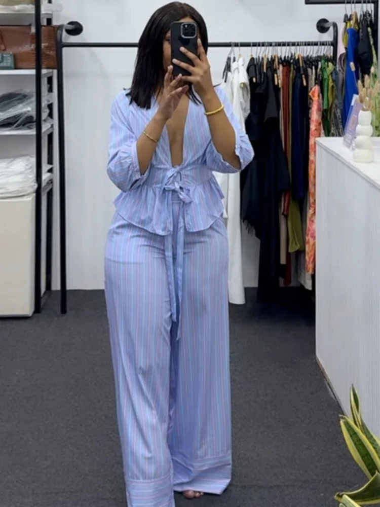 Women Striped 2 Piece Outfit V Neck Tie Front 3/4 Sleeve Top Wide Leg Pants Set Casual Loose Fit Holiday Beach Loungewear Suit