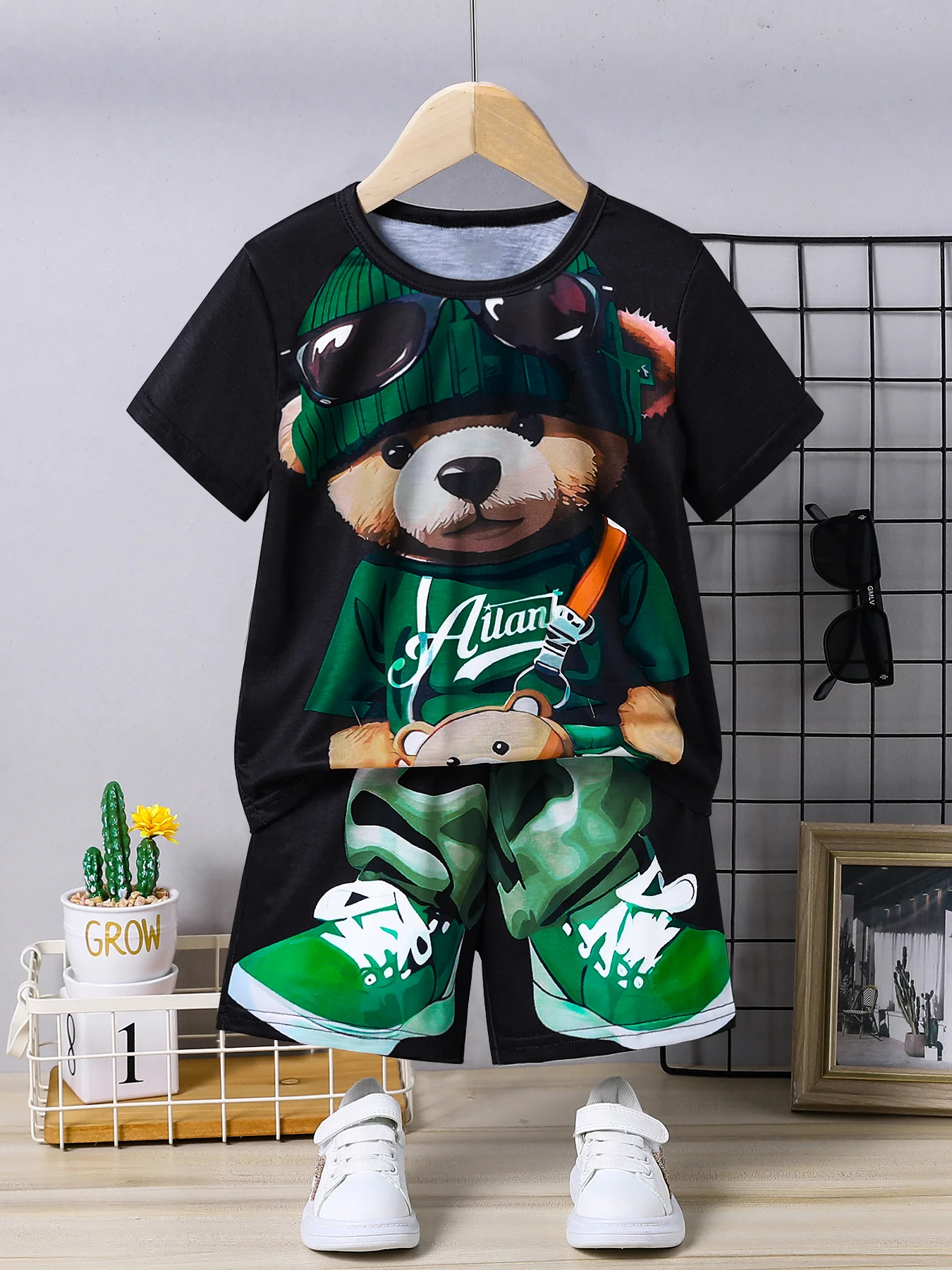 

2025 New Green Bear Two-Piece Children's Cartoon 3D Printing Leisure Breathable Quick Dry Suit T-Shirt Short Sleeve Shorts