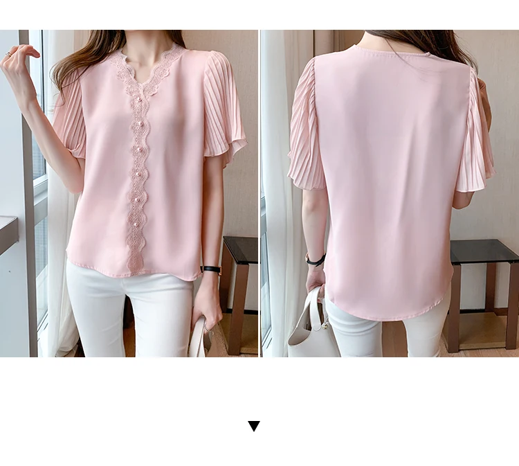 Chemises en mousseline de soie pour femmes, col en v, boutons, garniture en dentelle, chemisiers élégants pour dames, manches courtes plissées, été, blanc, rose, haut coréen doux