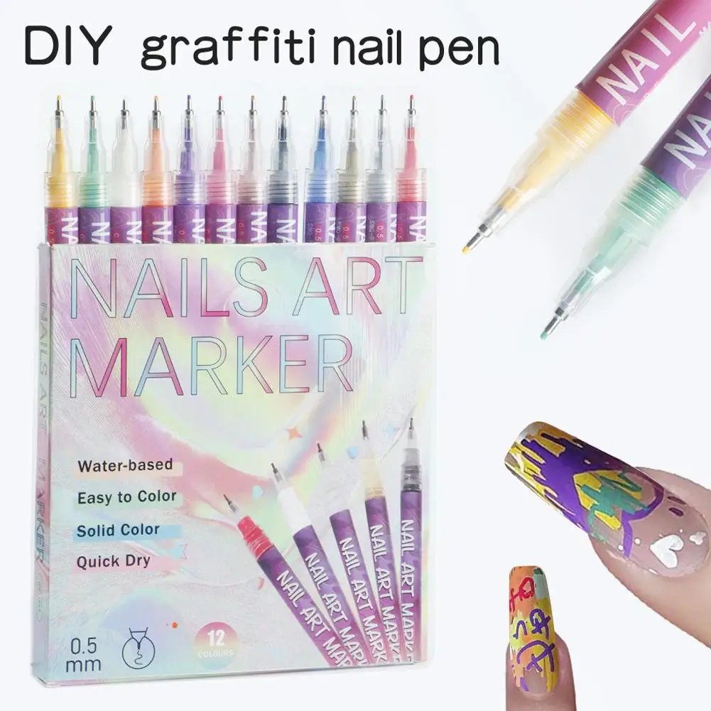 12 개/대 네일 펜 방수 및 빠른 건조 예술적 낙서 DIY 뷰티 네일 도구 네일 아트 낙서 펜 ﻿ 0.5mm