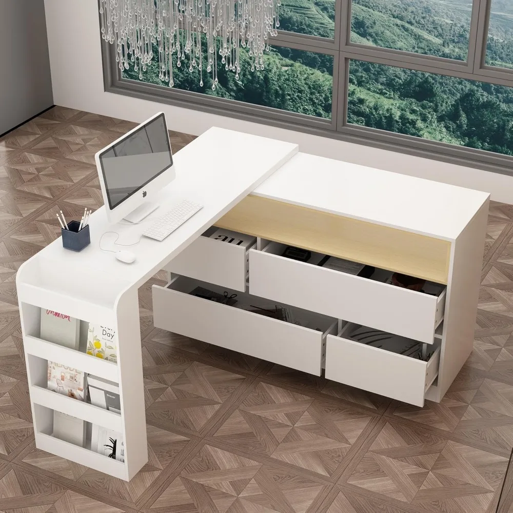 

Rotating Office Desk with 4 Drawers & 5 Open Shelves, L-Shaped Adjustable Computer Desk & Study Writing Table with Storage, Def