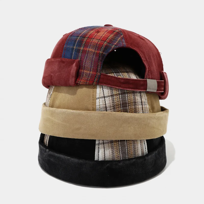 Washed Distressed Vintage Plaid Patchwork Cuffed Melon Cap Street Fashion Docker Hat Unisex Versatile Casual Cap