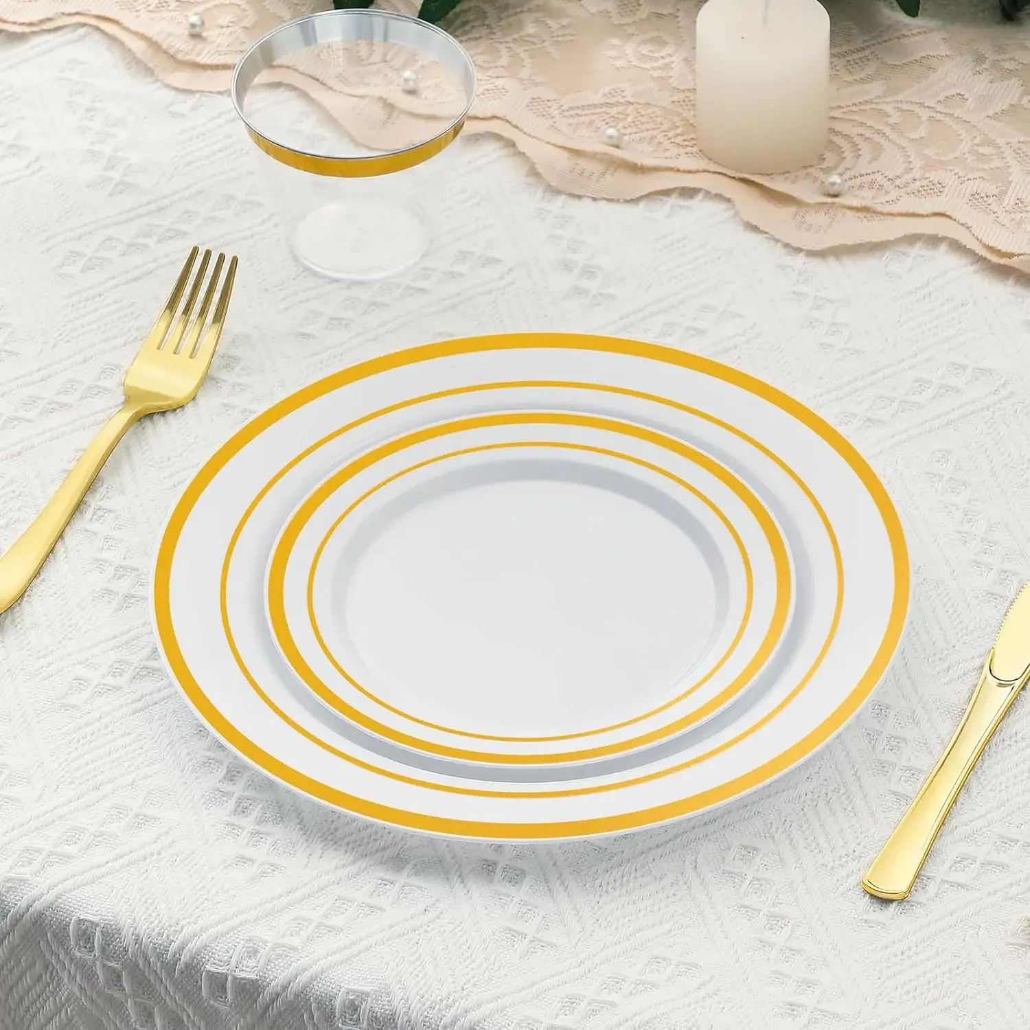 C200 disposable banquet plastic gold plates - 100 banquet dinner plates and banquet wedding dessert appetizer plates