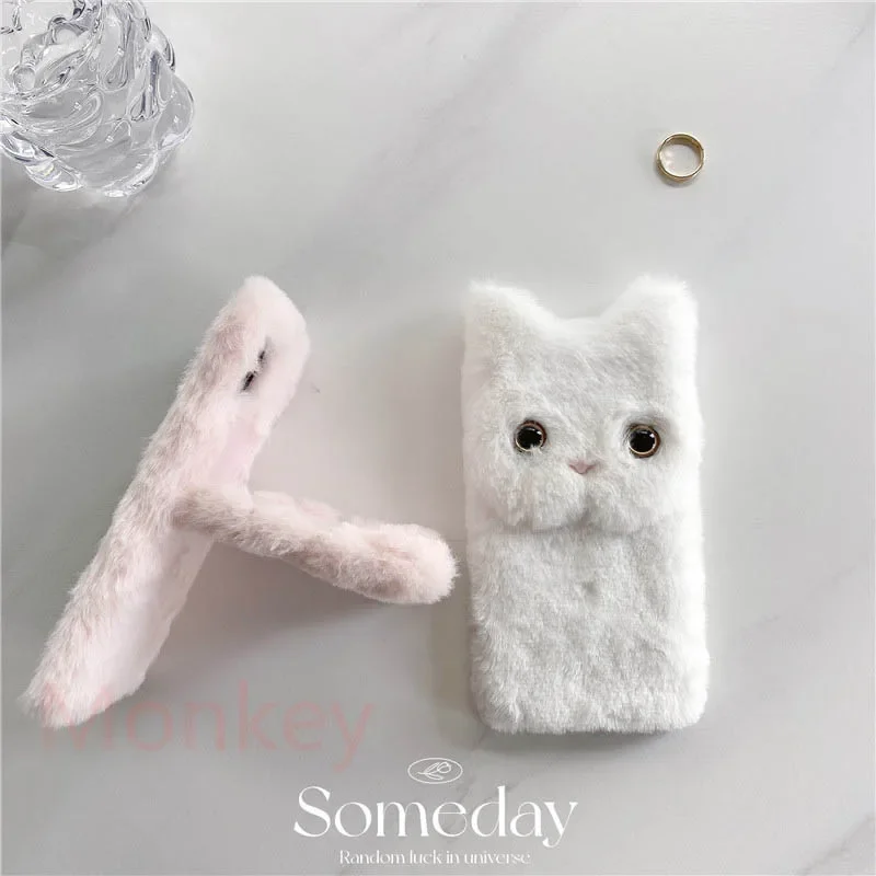 Fur Plush 3D Cat Ears Phone Case For Samsung Galaxy S23 S22 Ultra S21 A04S A14 A24 A34 A54 M13 A25 Soft Phone Holder Case Coque