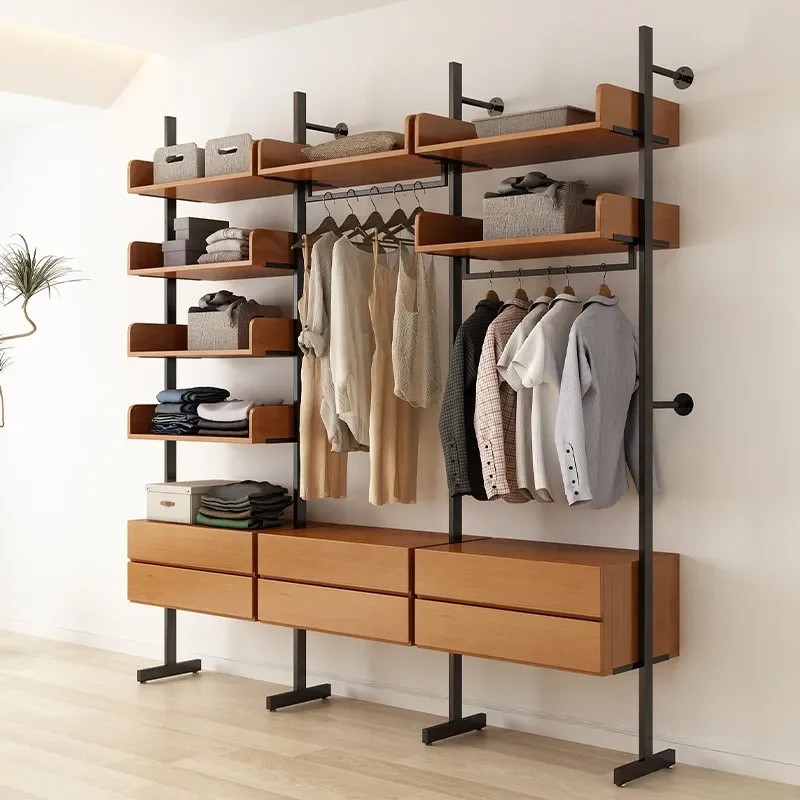 Open wardrobe cloakroom wall-mounted solid wood metal full-hanging walk-in wall-mounted wardrobe wrought iron coat rack