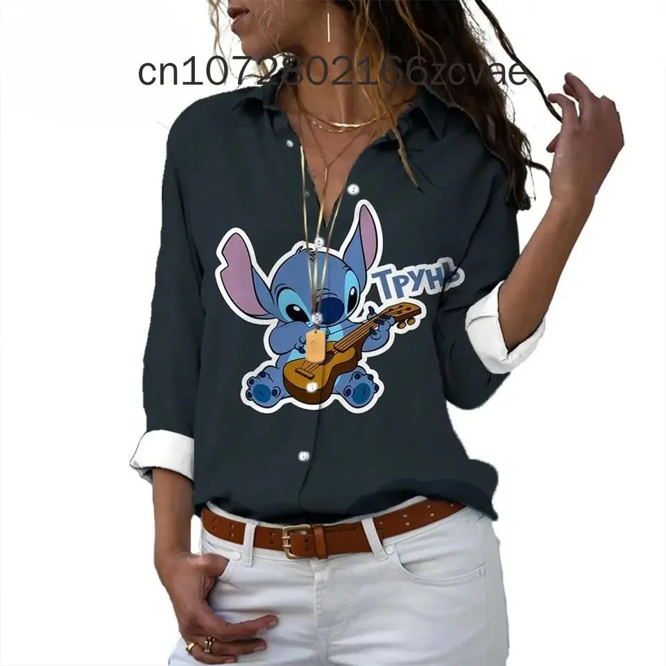 New Disney Stitch Women's Long sleeved Shirt Fashionable and Elegant Button Shirt Disney Hawaii Y2K Casual Women's Shirt