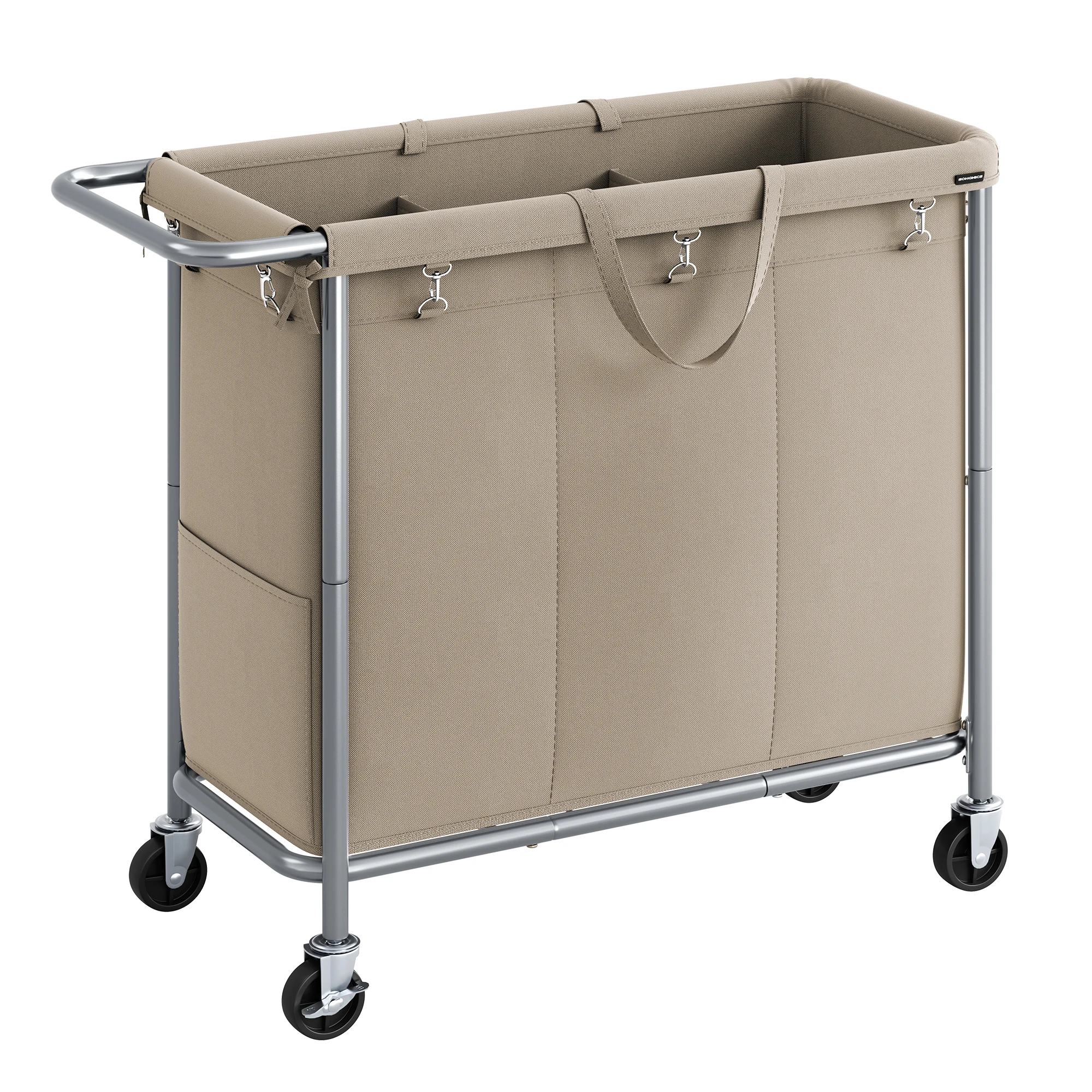 SONGMICS Laundry Basket with Wheels, 3-Section Rolling Laundry Hamper, 52.8 Gallons (200L), Removable Liner, Steel Frame