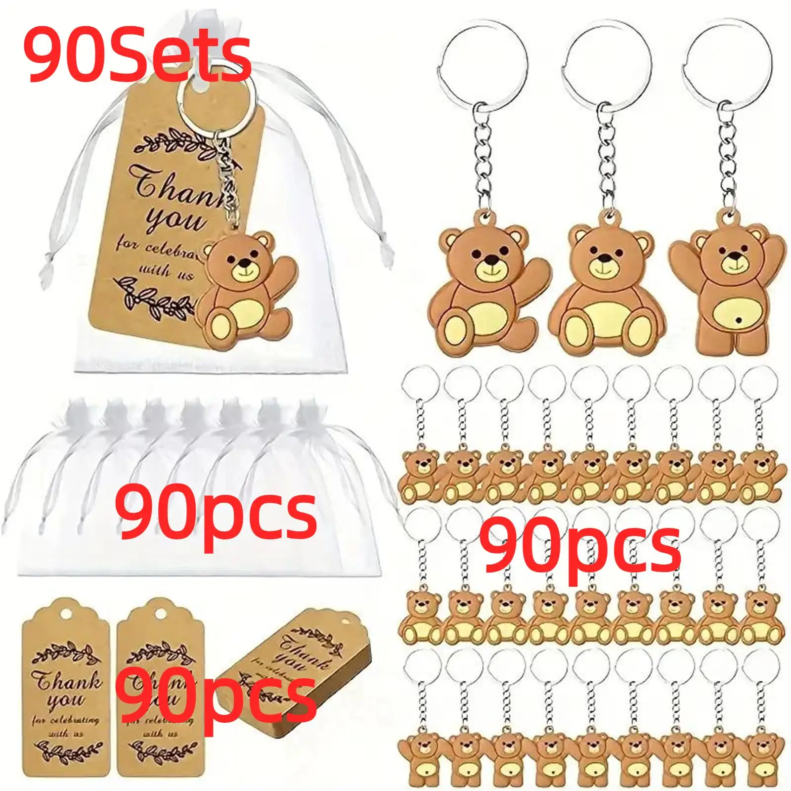 90 Sets Baby Shower Souvenirs Gift Bear Keychain with Organza Bag Thank You Kraft Tag for Guests Girl Boy Birthday Party Supply
