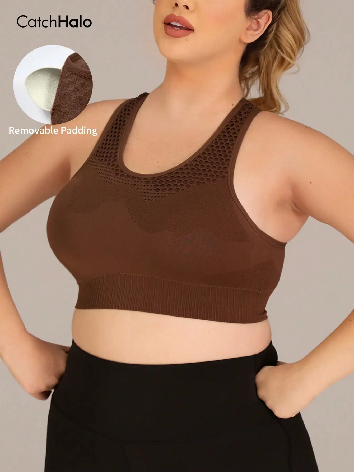 

Plus Size Women Mesh Panel Seamless Sports Bra Racerback Removable Pads Wireless Yoga Top Breathable Gym Fitness Activewear
