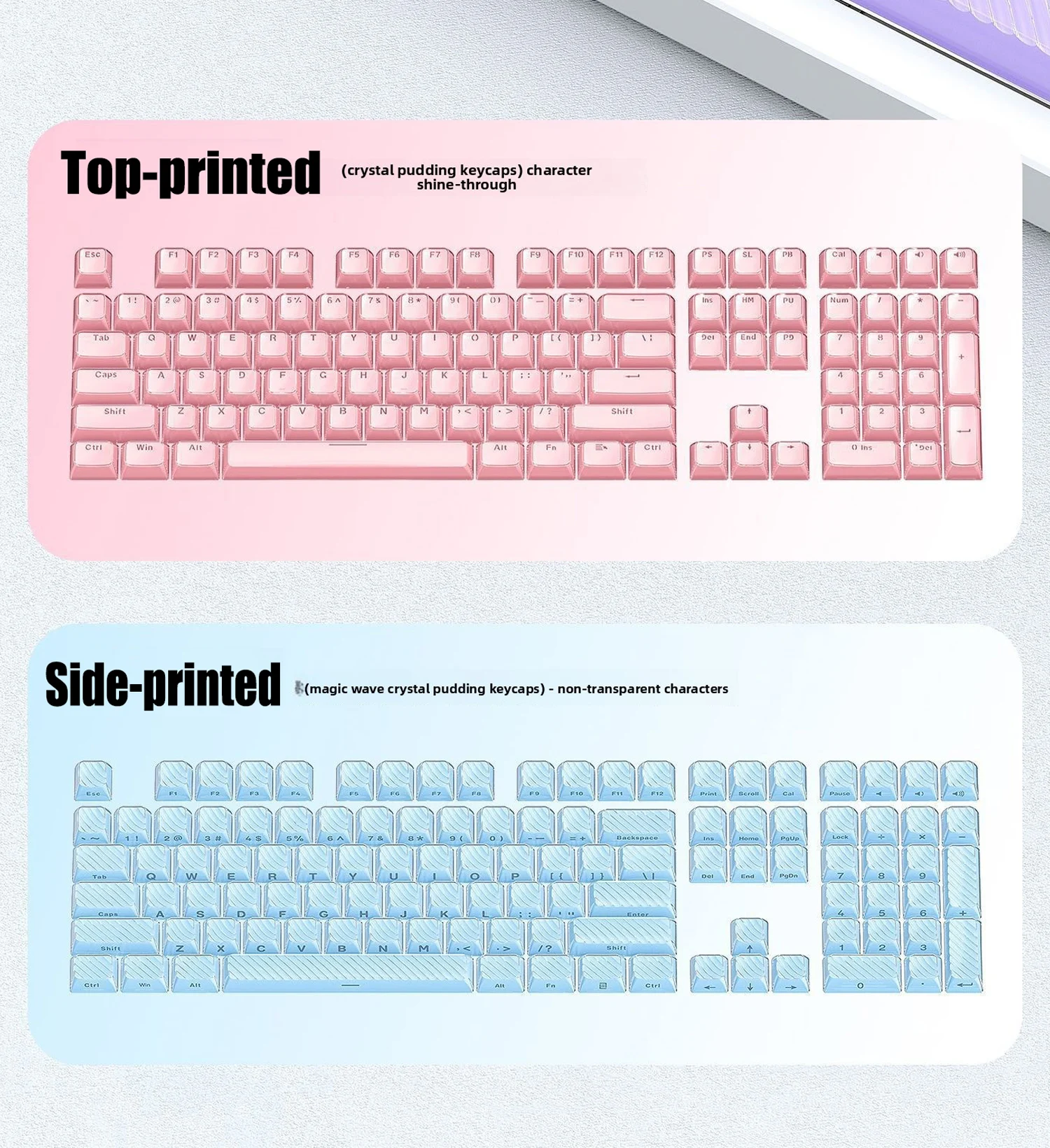 Keycaps Keyboard Mekanik Crystal Jelly dengan Cetak Samping dan Atas, Pola Aliran Lapis Ganda, Profil OEM, 136 Tombol Atas