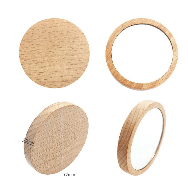 Miroir cosmétique rond en bois pour femmes, portable, tenu dans la main, vintage, maquillage, voyage