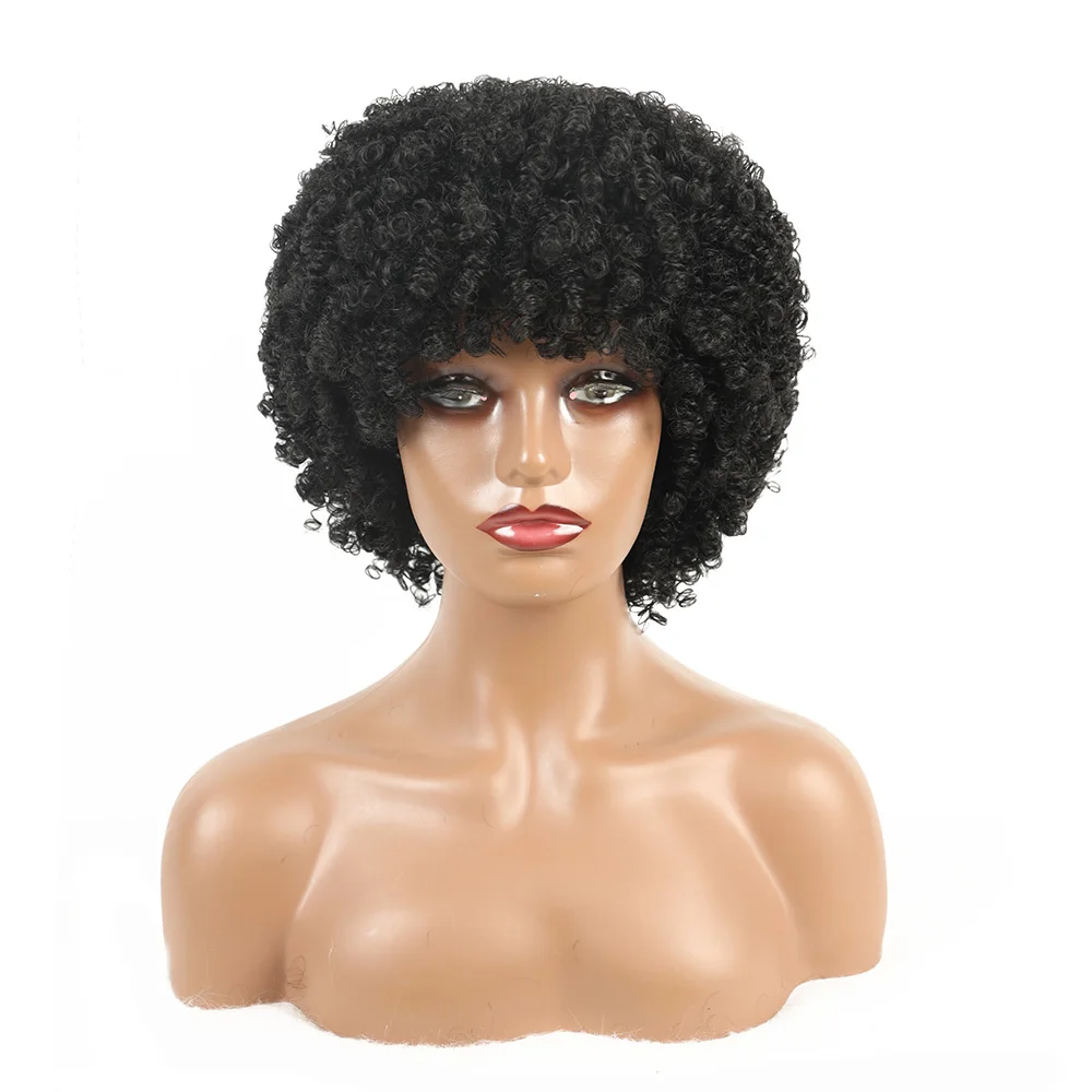 Afro Kinky Curly Synthetic Short Hair Wigs With Bangs Natural Color Short Curly Synthetic Hiar Wig Daily For Black Women