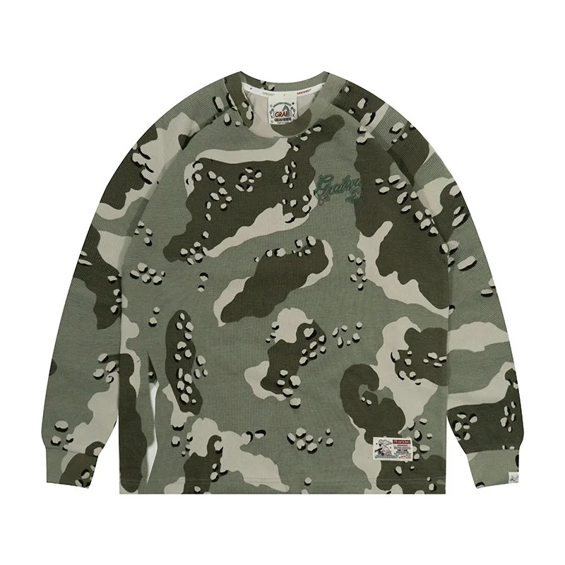 Hot Selling Desert Camouflage Waffle Pattern American Printed Street Long Sleeved T-shirt for Men