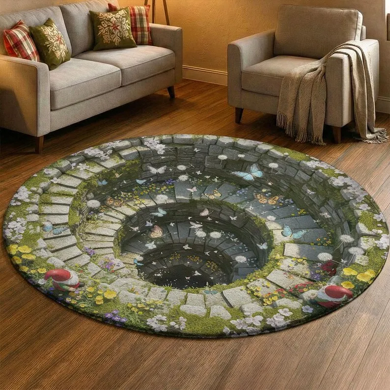 Visual Hole Round Carpet Spring Flower Bird Plant Anti Slip Door Mat Living Room Bedroom Kitchen Decoration Carpet