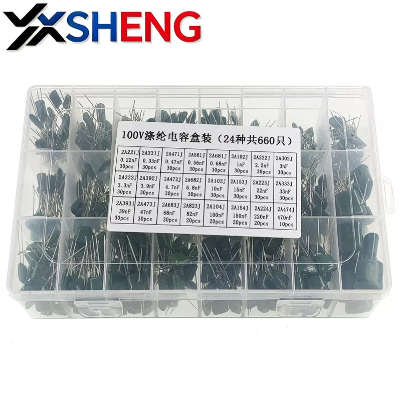 

660PCS 24Values 100V Polyester Film Capacitor Assortment Kit 2A471J 102J A103J 2A223J 2A104J 2A154J 0.22nF-470nF Capacitance Set