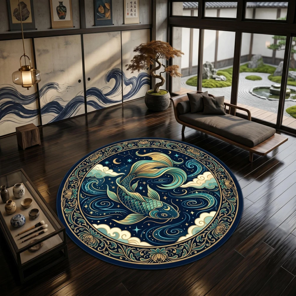 Koi Fish Ocean Wave Ornamental Border print Round Rug,Japanese Style Room,Living Room Sofa,Entryway home decor Non Slip Rug
