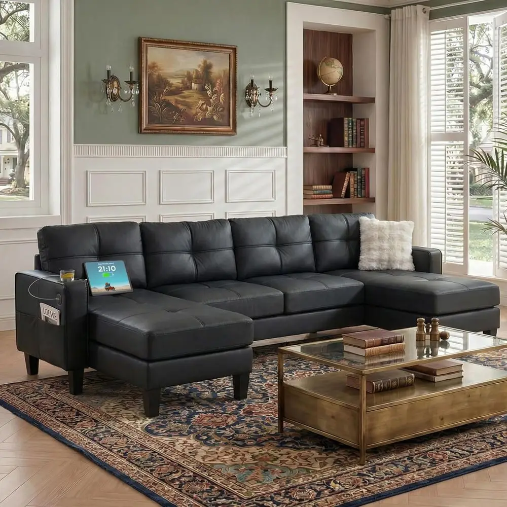 

Роскошный черный кожаный секционный диван с USB-портами и подстаканниками