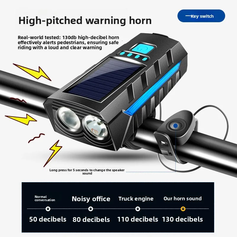 

Solar Rechargeable MTB Headlight - Front Lamp Red Side Light with Horn Bell Cycling Accessories