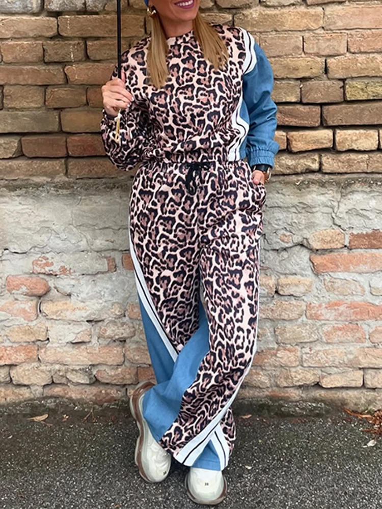 

Leopard Stripes Print Long Sleeve Denim Tops & Pants Set Casaul Women Two Piece Set Outfits Streetwear