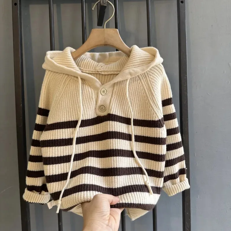 pring and Autumn Children\'s Hooded Pullover Knitwear Winter Children\'s Stripe Thickened Sweater Coat Sweater