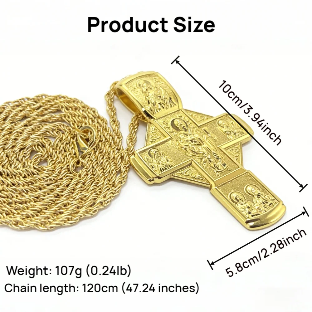 Gold Plated Orthodox Cross Necklace Engraved Saint Icon Pattern Religious Pendant for Christian Prayer Church Jewelry and Faith