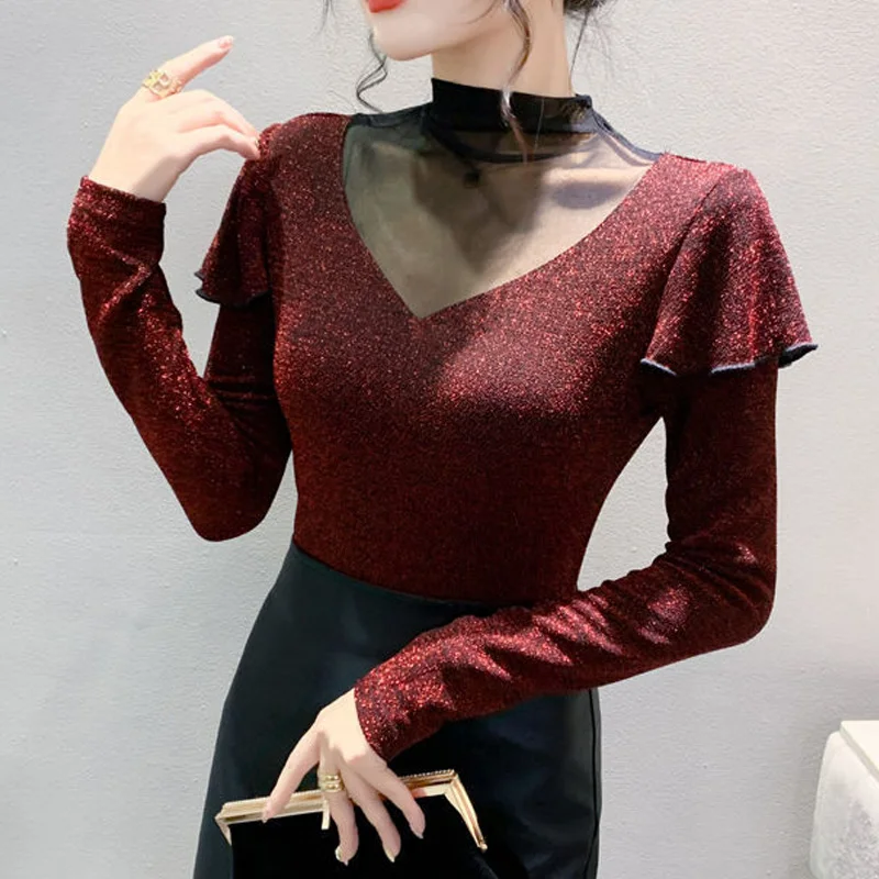 

Spring Autumn New Stand Collar Fashion Long Sleeve Blouse Women Elegant Lace Patchwork Sheer Pullovers High Street Ruffles Tops