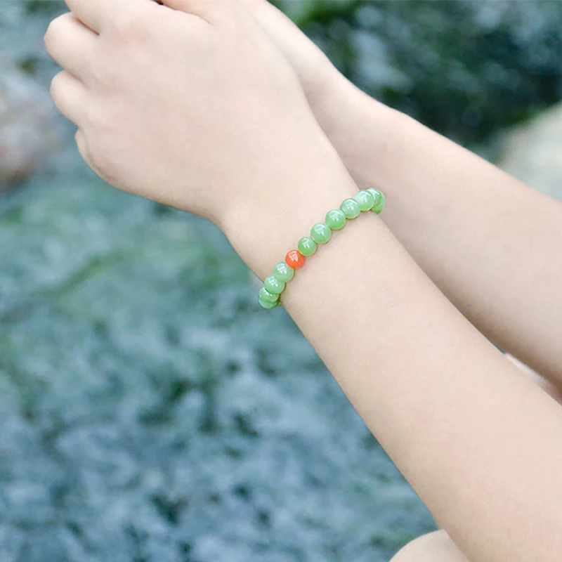 Hotan Jade Apple Green Jasper Hand String 8mm Jade DIY Women's Style with South Red Agate Bracelet Birthday Gift