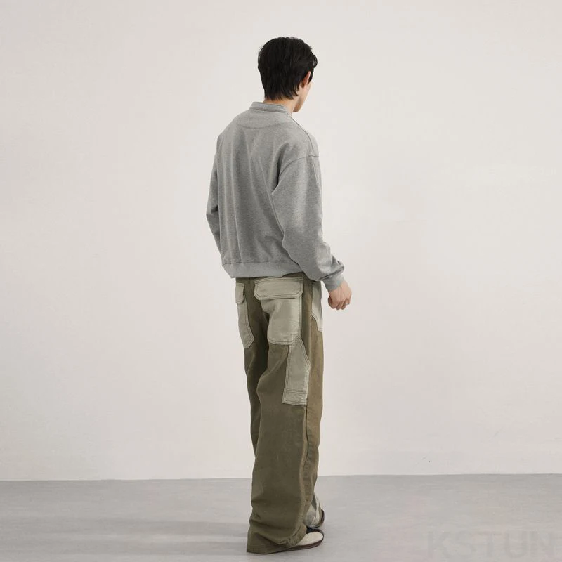 KSTUN 100 % Baumwollhose für Herren, grün, lockere, gerade Hose mit weitem Bein, lässige, gepatchte Taschen, Vintage-gewaschene Ganzkörperhose