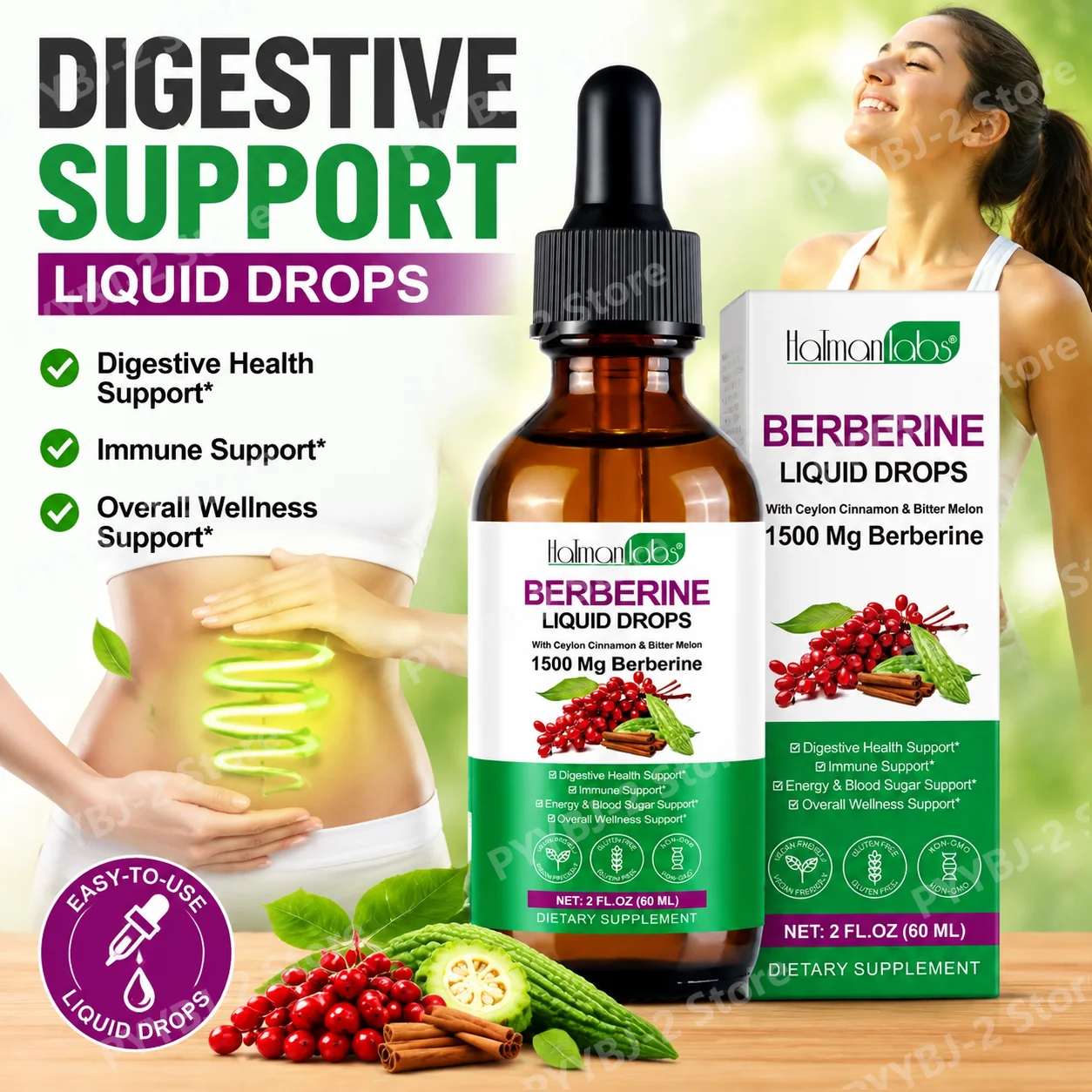 Berberine Liquid Drops with Ceylon Cinnamon and Bitter Melon Vegan Digestive Health and Immune Support 60 ML Plant Based Formula